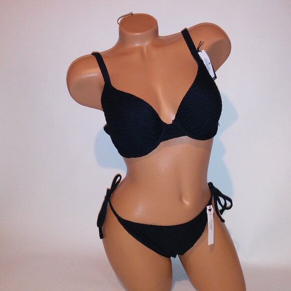 Victoria Secret Swim Bikini Top & Bottom Cheeky Black Push Up Textured String Ti - Picture 1 of 16